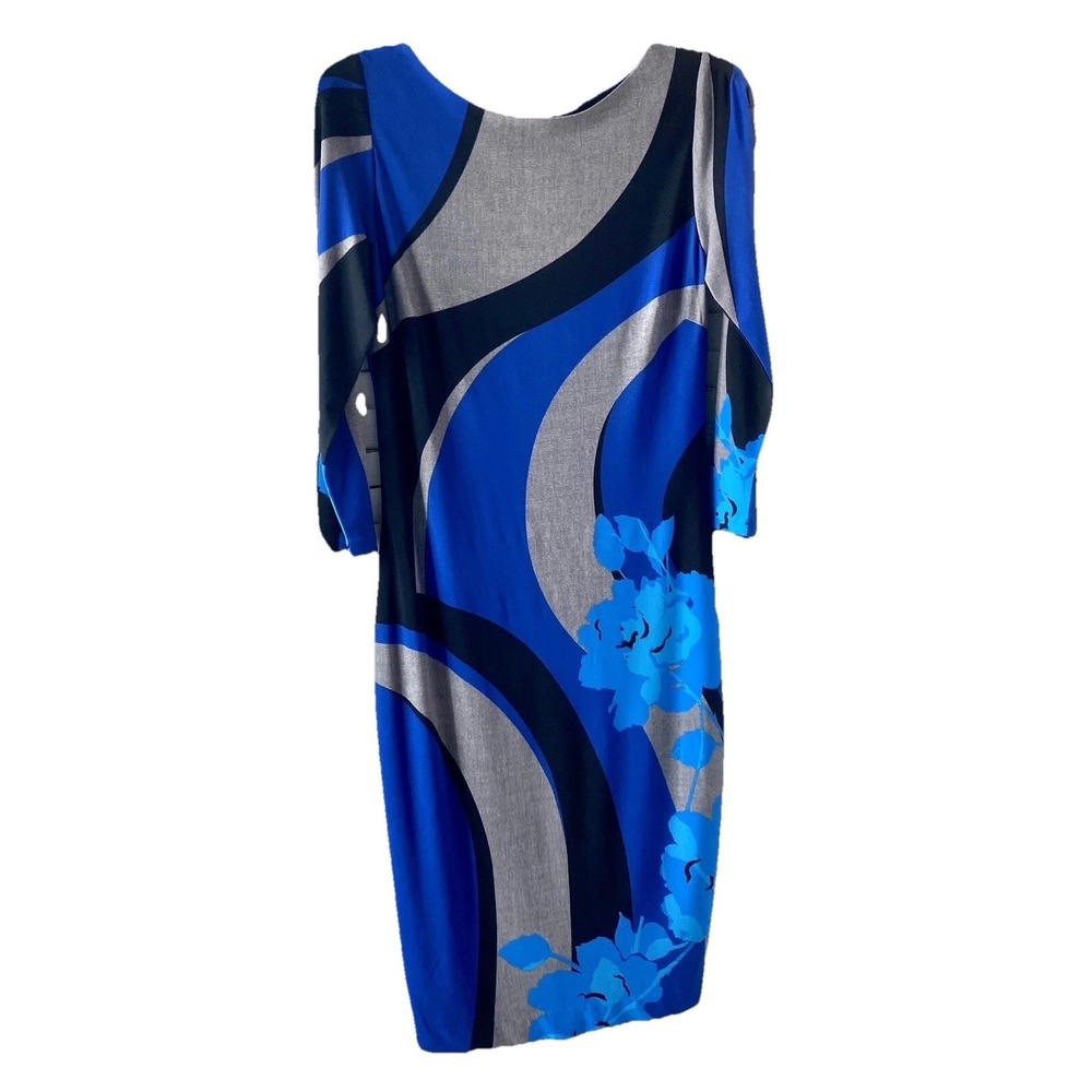Cache Y2K dress  Swirl  Blue LS  Lined Sz 6  Bodycon Blue Gray Floral  Midi  Art